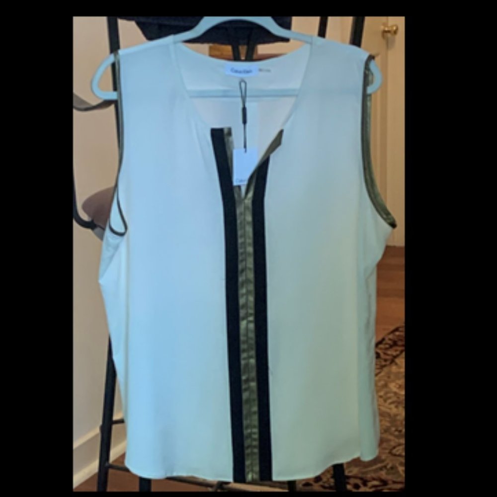 Calvin Klein Cream Sleeveless Blouse with Black & Gold Trim XL NWT